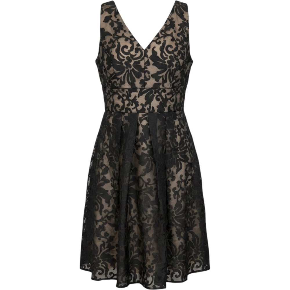 Melrose Black Damask Flocked V-Neck Midi Dress sz 14 Fit Flare cocktail party